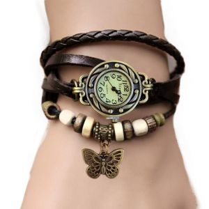 Ge Ge Femmes Cuir Bracelet Bracelet Rétro Pendentif Papillon Weave Wrap Quartz (Collee) - Neuf