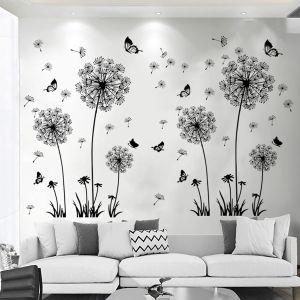 Sticker Mural Pissenlit Salon Sticker Mural 2 Pcs Fleurs Sticker Mural Chambre Sticker Mural Chambre Enfant Fen&ecirc;tre Sticker Mural Noir &Agrave; Coller Plantes Pour Cuisine Salle Bain Couloir Fen&ecirc;tre - Neuf