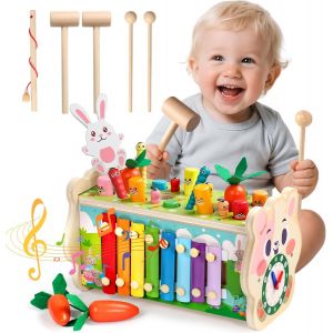 JGD-Jouet Bebe 1 an Montessori- 7 en 1 Jeux en Bois Educatif Jouet Enfant 1 an Jeu Marteau et Xylophone Bebe, Cueillir Les Navets, Cadeau Enfant 1 2 3 Ans Garcon Fille Anniversaire - Neuf