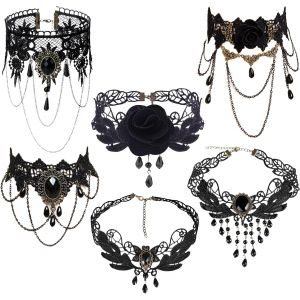 6 Pi&egrave;ces Dentelle Noire, Collier Ras Du Cou, Gothique Collier Choker, Party Accessoires Pour Femmes Filles Halloween Costume - Neuf