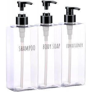 KAL-Distributeur De Savon Transparent Plastique, 3 Pièces 500Ml Rechargeable Bouteille De Shampoing Avec Étiquette, Flacon Pompe Vide Pour Bain, Hôtel - Neuf