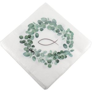 Tianyi-Lot De 20 Serviettes 100 % Mosel (33 X 33 Cm), Motif Couronne D'eucalyptus Et Poisson, Décoration De Table Élégante Pour Baptême, Communion, Confirmation, Cérémonie De Jeunesse Et Confirmation - Neuf