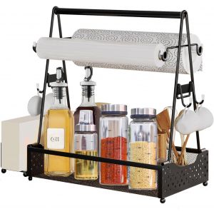 Ulteronixshop-Panier de barbecue pour camping, pique-nique et ext&eacute;rieur - En acier inoxydable - Organiseur de tasses - Noir - &Eacute;tag&egrave;re &agrave; &eacute;pices - &Eacute;tag&egrave;re &agrave; caf&eacute; avec 4 crochets - R&eacute;cipient &agrave; ustensile - Neuf