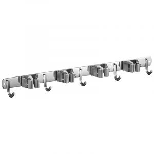 Porte-balais mural en acier inoxydable, support de rangement pour cuisine, garage, buanderie (4 emplacements et 5 crochets) - Neuf