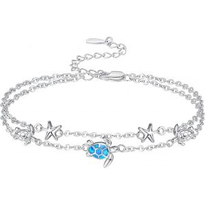 Bracelet De Cheville Pour Femme En Argent Sterling Avec Opale Tortue,Étoile De Mer,Bijoux D'été,Mittelgroße,Argent Sterling,Oxyde De Zirconium - Neuf