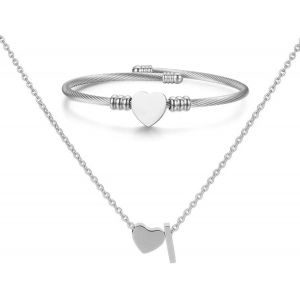 Kal-Collier Pendentif Lettre Initiale Personnalisée Femme Collier Initiale Coeur Bracelet Coeur Ouvert Ajustable Bracelet De Manchette En Acier Inoxydable A-Z Pendentif Collier Femmes Filles - Neuf