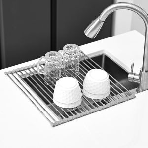 Tzf-Égouttoir À Vaisselle | Tapis Pliable Pour Lavabo De Cuisine | Acier Inoxydable 304/Silicone | Comme Égouttoir Pour Évier De Cuisine (Gris, 43 X 40 Cm) - Neuf