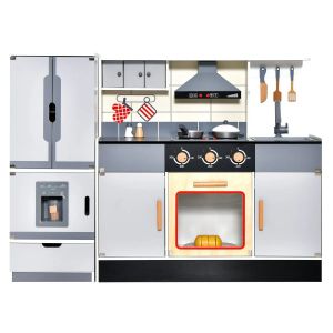 Cuisine enfants avec r&eacute;frig&eacute;rateur 111 x 31,5 x 81,5 cm jouet &eacute;ducatif interactif d&eacute;coratif en mdf gris Helloshop26 20_0020964 - Neuf