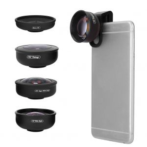 Kit d'objectifs portable APEXEL 5 en 1 (fish eye, grand angle, macro, teleconvertisseur) avec clip pour telephone - Neuf