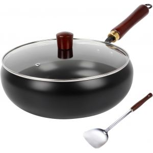 Jexnovashop-Wok Chinois Fabriqu&eacute; &Agrave; La Main, 28cm Po&ecirc;le En Fonte Wok Chinois Grand Ventre, Avec Couvercle Et Manche En Bois, Po&ecirc;le Antiadh&eacute;sive, Sans Rev&ecirc;tement Pour Cuisini&egrave;re &Agrave; Gaz Et &Agrave; Induction - Neuf