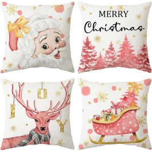 Ensemble De 4 No&euml;l Rose De La Collection De Housses De Coussin - 45 X 45 Cm D&eacute;coratif En Coton Et Lin Taie D'oreiller Pour Le D&eacute;cor De No&euml;l - Neuf