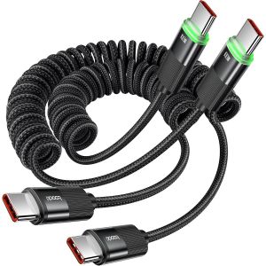 Lot De 2 Câbles Spiralés 1,2 M - 100 W Usb C Vers Usb C Charge Rapide Avec Led, Câble Rétractable Pour Voiture, Compatible Pour Android Auto Macbook Iphone 16 Series Galaxy S24 Ultra S23 Xiaomi - Neuf
