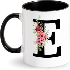 Eryi-Tasse Avec Lettre Tasse À Café Alphabet Tasse Avec Initiale Et Motif Floral Tasse Personnalisé Mug Noire Cadeau Pour Dame, Femme, Maman, Amie, Cadeau Pour Anniversaire, Fête Des Mères (E) - Neuf