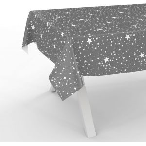 Nappe en toile cirée - Lavable - Imperméable - 180 x 140 cm - Bord coupé - Motif étoiles - Argenté - Neuf