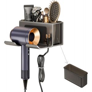Support mural pour sèche-cheveux,montage mural,sans perçage,en aluminium,avec support de câble et espace de rangement amovible,facile à nettoyer,accessoires de salle de bain adaptés à la - Neuf