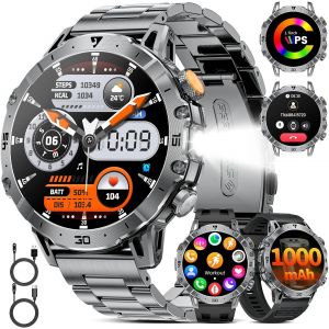Montre Connectée Homme Militaire,1.7`¿ Grand Écran avec Appels/1000mAh Longue Autonomie Batterie/Lampe de Poche/IP68 Étanche Fréquence Cardiaque/Pédomètre,3 Bracelet Smartwatch pour Android iOS - Neuf