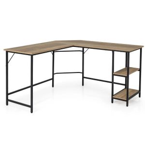 Bureau informatique en forme de L 138 x 50 x 75 cm polyvalent avec &eacute;tag&egrave;re int&eacute;gr&eacute;e design naturel marron Helloshop26 20_0010920 - Neuf