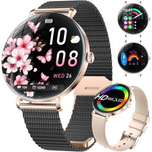 2025 Montre Connect&eacute;e Femme, 1.43"" AMOLED Arc Display Smartwatch Or Rose avec Appels Bluetooth, Fonction F&eacute;minine/Fr&eacute;quence Cardiaque/SpO2, IP68 &Eacute;tanche 120+ Mode Sport Podom&egrave;tre de Sport iOS - Neuf