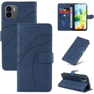 Kalanka-Coque Pour Xiaomi Redmi A2 / A1 Avec 1 Pièce Protection Écran En Verre Trempé, Housse Pu Cuir À Rabat Flip, Étui Support Et Portefeuille Fonction (Bleu) - Neuf