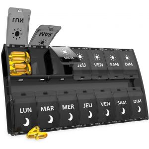 Tianyi-Pilulier Semainier 7 Jours, Pilulier Journalier Boîte À Pilules 2 Fois Par Jour, Boîte À Médicaments Am Pm 14 Compartiments De Comprimés Pour Huile De Poisson/Complément Alimentaire (Black) - Neuf