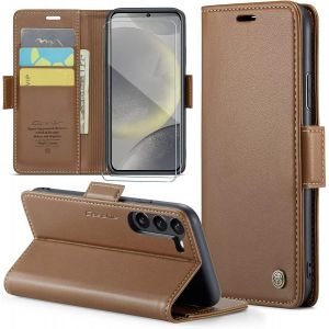 Kal-Coque Pour Samsung Galaxy S24+ 2 Pi&egrave;ces Verre Tremp&eacute;,Antivol,Prend En Charge Le Chargement Sans Fil, Pochette Fermeture Magn&eacute;tique Flip Case-Marron - Neuf