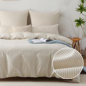 Sjzg-Housse De Couette 200x200 Coton Rayures, Certifi&eacute; Oeko-Tex, Beige Parure De Housse De Couette Avec Fermeture &Eacute;clair, Parure De Lit 2 Personnes 200x200 Coton Avec 2 Taie D'oreiller 65x65 Cm - Neuf