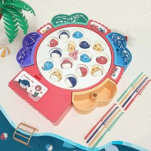 Jouet de p&ecirc;che magn&eacute;tique pour enfants, &eacute;ducatif, multifonctionnel, musical, plaque de p&ecirc;che rotative, couleur : rose, &agrave; piles, 15 poissons et 4 cannes - Neuf