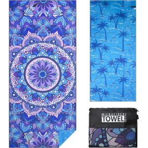 Kal-Serviette De Plage Homme Femme Xxl Grande Microfibre L&eacute;ger Et Doux Anti Sable S&eacute;chage Rapide Drap De Plage Avec Sac En Filet 80&times;180cm Mandala Violet 1pc - Neuf