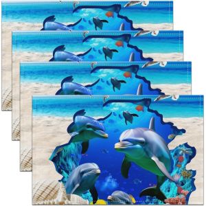 ERYI-Lot De 4 Jolis Sets De Table Baleine, 45 L X 30 L, Sets De Table En Coquillages Pour Table De Cuisine, Tapis De Table Océan, Animaux, Thème Du Monde Sous-Marin, Imperméables Pour Enfants Et - Neuf