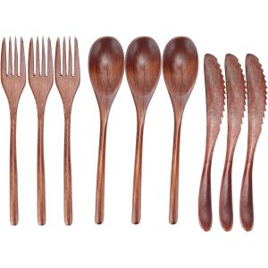 Checarzhn--No1-9 Pièces En Bois Couverts Cuillère Portable Ensemble De Couverts Cuillère Fourchette Couteau Ensemble Cuisine En Bois Couverts Couverts Fourchette Cuillère Pour La Maison Café Restaurant - Neuf