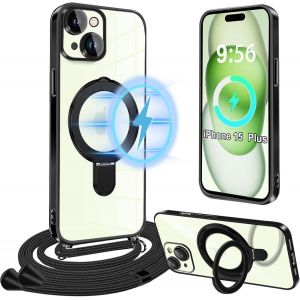 TRAHOO-Magn&eacute;tique Coque avec Cordon pour iPhone 15 Plus avec Support, [Compatible avec MagSafe] Coque Cordon de Collier Silicone Antichoc Magn&eacute;tique Housse Transparent R&eacute;glable Case pour iPhone 15 Pl - Neuf