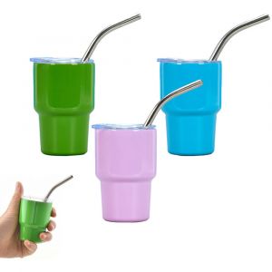 Ensemble De 3 Mini Gobelets En Acier Inoxydable Avec Paille Et Couvercle Pour Boissons Chaudes Et Froides - Bleu - Neuf
