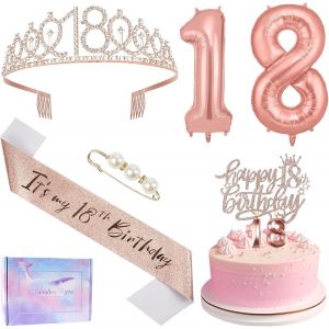 AYUHR-Décorations Anniversaire pour Filles : 18 Ans Couronne Anniversaire Écharpe, Bougies et Ballons, Cadeaux 18 Ans Fille, D'anniversaires Fête Décoration - Neuf
