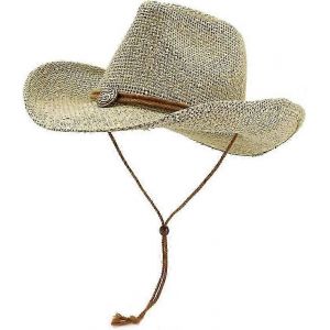 Chapeau De Paille De Cow-Boy En Plein Air Chapeau De Soleil À Large Bord Avec Cordon De Vent Chapeau De Plage Décontracté Respirant (Kaki) - Neuf