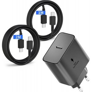 JGD-Chargeur 45W Super Charge Rapide pour Samsung Galaxy S25,S24+,S24 Ultra,S23+,S23 Ultra, S22,S21,Note20,A54,A53,Z Fold5,Flip5,Fold4, Flip4,Tab,Prise Secteur USB C Adapteur avec1M+2M C&acirc;ble USB C - Neuf