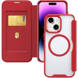JGD-&Eacute;tui Magn&eacute;tique pour iPhone 13 / iPhone 14,avec Blocage RFID, Compartiment pour Cartes, Housse &agrave; Rabat en Cuir Transparente Antichoc Coque Rouge - Neuf