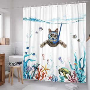 Rideau de douche 180 x 180 cm, Plongée sous-marine Cat Modèle, Imperméable, Lavable, Séchage Rapide, Polyester, salle de Bains Accessoire avec 12 Crochets - Neuf