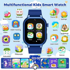 Montre Connect&eacute;e Enfant 32 Jeux,Montre Intelligente Enfant avec HD Cam&eacute;ra Livres Audio&Cartes d'&eacute;tude,Suivi des Habitudes,3 Sportifs Podom&egrave;tre R&eacute;veil Mode Scolaire,Cadeaux d'anniversaire(Bleu-32Jeux) - Neuf