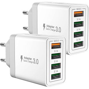 wwp-Chargeur USB, 2-Pack Prise USB Multiple 40W Chargeur Rapide iPhone, 4 Port Multi Secteur QC 3.0 USBA Adaptateur pour iPhone 16 15 14 13 12 11 Pro Max X XS XR 8 7 6S Plus Mini SE,iPad,Samsung - Neuf