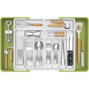 Grand Range Couverts, Rangement Couvert Tiroir Cuisine, Extensible De 54.1 Jusqu'à 91,4 Cm De Large, Organisateur En Plastique Pour Couverts, Cuillères, Fourchettes, Couteaux, Vert[Pou8804997] - Neuf