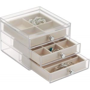 Idesign Clarity Jewelry Boîte À Bijoux, Bac De Rangement Plastique, Coffret À Bijoux À 3 Tiroirs & 17 Sections, Clair/Ivoire[KIT6506452] - Neuf