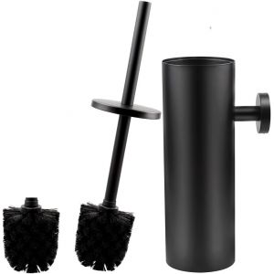 Brosse de Toilette avec Brosse de Rechange et Colle,Brosse de Toilette et Récipient en INOX Mural et Support avec Couvercle,Manche Longue Accessoires de Salle de Bain Noir Mat - Neuf