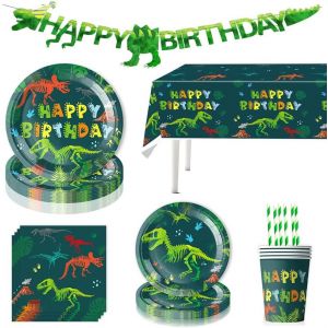 Letnerny-62 Pcs Dinosaure Anniversaire Vaisselle Ensemble,Fournitures De Fête D'anniversaire Décorations Pour Garçons Ensemble À Thème D'assiettes Dino Nappe Pour Portion(10 Invités) - Neuf