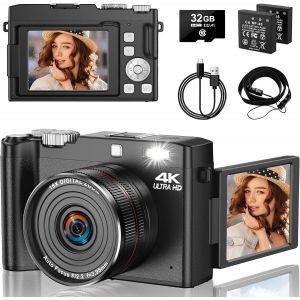 LETNERNY-Appareil Photo Numérique 4K 64 Mp Avec Écran À Rabat De 2,8"" À 180 Degrés, Caméra Zoom 18X Pour La Photographie Avec M Au Point Automatique, Carte De 32 Go Et 2 Piles Pour Adolescents, Étudi - Neuf