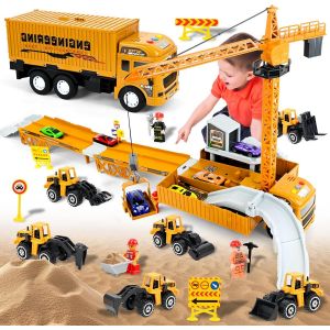 KAJGL-Camion Transporteur Voiture,Jouet De Camions De Remorque Set Avec Excavatrice Bulldozer,Rouleau Compresseur,Chariot Élévateur,Véhicules Construction Enfants Avec Sons Et Lumières - Neuf