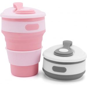 Lot De 2 Tasses Gobelet Pliable Silicone Retractable Mug De Voyage Tasse Camping Cafe Randonn&eacute;e Pliante Bouteille Avec Couvercle Gourde Transportable (Bleu+Gris) - Neuf