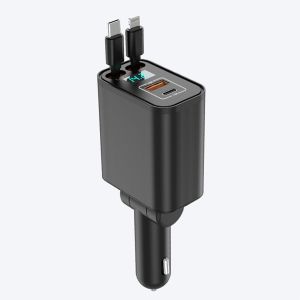 JGD-Chargeur de voiture 4 en 1 87 W Charge super rapide avec c&acirc;bles r&eacute;tractables (80 cm), rotatif &agrave; 180&deg;, indicateur de tension, PD45W QC4.0 pour Huawei/Xiaomi/Oppo/iPhone 16/Galaxy S25 - Neuf