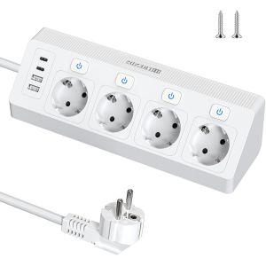 Multiprise d'angle avec USB (2U 2C), 4 prises, commutable individuellement, protection contre les surtensions pour multiprise d'angle, cuisine, bureau, 2 m, blanche - Neuf
