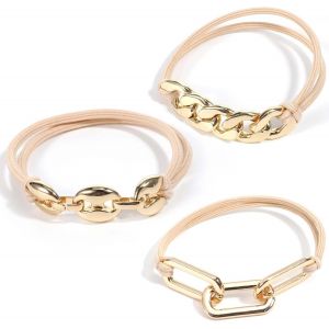 Kal-Lot De 3 Bracelets Élastiques En Métal Doré - Accessoires Pour Cheveux - Pour Le Travail, Le Sport, Le Yoga - Cadeau - Neuf