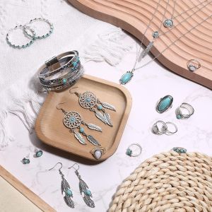 Bohème Turquoise Bijoux Pour Femme Bohème Pendentif Collier Turquoise Plume Boucles D'oreilles Pendantes Boho Cuir Perles Bracelet Vintage Knuckle Bague Empilables Ensembles Western Bijoux - Neuf